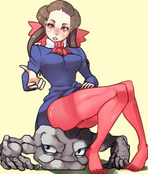 Rule 34 | 1girl, bow, breasts, brown hair, creatures (company), feet, game freak, gen 1 pokemon, geodude, gym leader, hair bow, knees together feet apart, lips, nintendo, pantyhose, pigeon-toed, pink pantyhose, pokemon, pokemon (creature), red eyes, roxanne (pokemon), scathegrapes, sitting, sitting on person, twintails