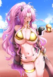 Rule 34 | 1girl, ahoge, bare shoulders, beach, bikini, blue sky, blush, breast tattoo, breasts, brown jacket, cleavage, cloud, collarbone, commentary request, day, dragon girl, dragon horns, dragon tail, flower tattoo, g (genesis1556), gold bikini, hair between eyes, highres, horns, jacket, large breasts, leia (g (genesis1556)), long hair, looking at viewer, monster girl, mouth hold, navel, ocean, off shoulder, open clothes, open jacket, orca, original, outdoors, parted bangs, pink hair, red eyes, scales, shadow, shark, sidelocks, skindentation, sky, solo focus, standing, stomach, swimsuit, tail, tattoo, thigh strap, very long hair, wavy hair