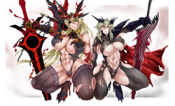 Rule 34 | 2girls, abs, artoria pendragon (lancer alter) (fate), barghest (fate), black footwear, black sclera, bodysuit, breasts, cleavage, cleavage cutout, clothing cutout, colored sclera, covered erect nipples, fate/grand order, fate (series), full body, gluteal fold, green eyes, headgear, heattech leotard, heterochromia, high heels, highres, impossible clothes, injury, kneeling, large breasts, long hair, midriff, multiple girls, muscular, muscular female, navel, out of frame, red eyes, revealing clothes, scratches, shiriya, short hair, spread legs, sword, thighhighs, torn bodysuit, torn clothes, turtleneck, underboob, very long hair, weapon, white background, yellow eyes