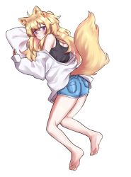 Rule 34 | 1girl, :t, animal ear fluff, animal ears, bare legs, barefoot, black tank top, blonde hair, blue shorts, blush, character request, closed mouth, commentary request, commission, copyright request, denim, denim shorts, fox ears, fox tail, full body, grey jacket, jacket, long hair, long sleeves, looking at viewer, pillow, pocket, purple eyes, shorts, soles, solo, taeminhyeon, tail, tank top, toes, yellow tail