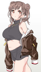 Rule 34 | 1girl, bare shoulders, black shorts, blush, breasts, brown hair, brown jacket, cowboy shot, double bun, earrings, hair bun, hei (tonarinohey), highres, idolmaster, idolmaster shiny colors, jacket, jewelry, large breasts, long hair, looking to the side, midriff, navel, necklace, off shoulder, open mouth, red eyes, shorts, simple background, solo, sonoda chiyoko, stud earrings, thighs, twintails, white background