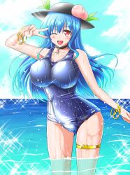 Rule 34 | 1girl, blue hair, blue sky, blush, bracelet, breasts, choker, day, food, fruit, hat, highres, hinanawi tenshi, honda takaharu, jewelry, large breasts, long hair, looking at viewer, ocean, one-piece swimsuit, one eye closed, open mouth, outdoors, peach, red eyes, school swimsuit, sky, solo, sparkle, standing, swimsuit, thigh strap, touhou, v over eye, wading, water, wet