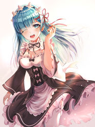 Rule 34 | 1girl, absurdres, alternate hair length, alternate hairstyle, apron, bad id, bad pixiv id, black bow, black dress, black ribbon, black sleeves, blue eyes, blue hair, blush, bow, breasts, cleavage, clothes lift, commentary request, derivative work, detached sleeves, dress, dress lift, flower knot, frilled apron, frilled dress, frilled sleeves, frills, hair ornament, hair over one eye, hair ribbon, hand up, harui (huruyi 817), highres, long hair, looking at viewer, maid, maid headdress, medium breasts, neck ribbon, one eye closed, open mouth, pink apron, pink background, pink bow, pink ribbon, re:zero kara hajimeru isekai seikatsu, rem (re:zero), ribbon, round teeth, solo, teeth, thighhighs, upper teeth only, white background, white thighhighs, wide sleeves, wind, wind lift, x hair ornament