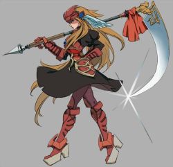 Rule 34 | 1girl, armor, armored dress, brown hair, closed mouth, dress, feathers, full body, gloves, hanakuso, helmet, holding, holding scythe, lady harken, long hair, looking at viewer, pantyhose, red armor, scythe, simple background, skirt, solo, wild arms, wild arms 1
