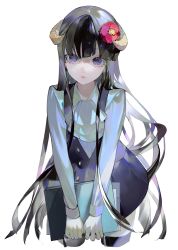 Rule 34 | 1girl, black hair, black skirt, black thighhighs, buttons, commentary, cowboy shot, cropped legs, eyebrows hidden by hair, flower, folder, gloves, glycan, hair flower, hair ornament, highres, holding, holding folder, horns, inu x boku ss, leaning forward, long hair, long sleeves, looking at viewer, parted lips, pencil skirt, purple eyes, shirakiin ririchiyo, simple background, skirt, solo, symbol-only commentary, thighhighs, very long hair, white background, white gloves