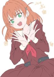 Rule 34 | 1girl, :d, brown dress, collarbone, commentary request, crossed bangs, dated, dhuno g, dress, flat color, flower (symbol), green eyes, hair ornament, hands up, hasu no sora school uniform, highres, hinoshita kaho, link! like! love live!, long sleeves, looking at viewer, love live!, medium dress, medium hair, neckerchief, open mouth, orange hair, pleated dress, rabbit hair ornament, red neckerchief, sailor collar, sailor dress, school uniform, signature, simple background, sleeve cuffs, smile, solo, teeth, two side up, upper body, upper teeth only, virtual youtuber, white background, white sailor collar, winter uniform