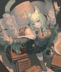 Rule 34 | 1girl, absurdres, animal ear fluff, animal ears, arknights, armband, black skirt, black socks, book, book stack, breasts, brown cardigan, buttons, cardigan, cat ears, cat girl, coat, coat on shoulders, coffee cup, commentary, cup, disposable cup, doughnut, food, full body, green eyes, green hair, harmonie (arknights), highres, lab coat, long hair, long sleeves, medium breasts, miike (992058), muted color, no shoes, open book, outstretched arms, parted lips, plate, pleated skirt, skirt, smile, socks, solo, spread arms, white coat