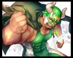 Rule 34 | 1boy, bara, bare arms, black hair, covered abs, covered erect nipples, covered navel, dark-skinned male, dark skin, facial hair, fighting stance, foreshortening, goatee, gozu farm, green eyes, green hair, horned mask, ikusaba daisuke, jacket, jacket on shoulders, large pectorals, looking at viewer, male focus, mask, multicolored hair, muscular, nipples, pectorals, short hair, skin tight, solo, taurus mask, thighs, tight clothes, tokyo houkago summoners, two-tone hair, upper body, wrestling mask, wrestling outfit