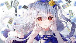 Rule 34 | 1girl, blue bow, blue cloak, blue flower, blue hairband, blue ribbon, blurry, blurry background, bow, card, cloak, closed mouth, commentary request, depth of field, elbow gloves, finger counting, flower, fujima takuya, fur-trimmed cloak, fur trim, gloves, hair between eyes, hair bow, hair flower, hair ornament, hairband, hands up, kagamihara azumi, long hair, neck ribbon, petals, red eyes, ribbon, rose, shirt, smile, solo, two side up, upper body, white gloves, white shirt, yellow flower, yellow rose, z/x
