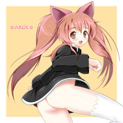 Rule 34 | 1girl, :d, aloe, aloe (quiz magic academy), animal ears, ass, bad id, bad pixiv id, blush, brown eyes, cat ears, dress, artistic error, from behind, long hair, looking back, no panties, open mouth, quiz magic academy, red hair, ribbon, smile, solo, standing, standing on one leg, sys.ao, thighhighs, twintails, white thighhighs