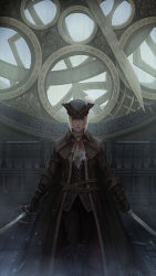Rule 34 | 1girl, bloodborne, ascot, dual wielding, hat, holding, jacket, lady maria of the astral clocktower, looking at viewer, solo, sword, weapon, yagaminoue