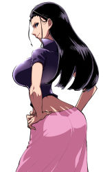 Rule 34 | 1girl, ass, back, black hair, blue eyes, blue shirt, breasts, butt crack, contrapposto, cowboy shot, crop top, curvy, eyewear on head, from behind, glasses, hair slicked back, hands on own hips, highres, huge ass, large breasts, long hair, long skirt, looking at viewer, looking back, lowleg, midriff, narrow waist, naughty face, nico robin, one piece, pink skirt, revealing clothes, sabaody archipelago, sarong, shiny clothes, shirt, short sleeves, simple background, skirt, smile, solo, spacezin, standing, sunglasses, white background, wide hips