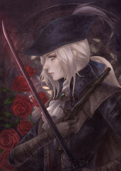 Rule 34 | 1girl, ascot, bloodborne, blue eyes, flower, from side, gun, handgun, hat, hat feather, holding, holding gun, holding sword, holding weapon, lady maria of the astral clocktower, pistol, platinum blonde hair, ponytail, rose, solo, sword, the old hunters, tricorne, weapon, yueciel