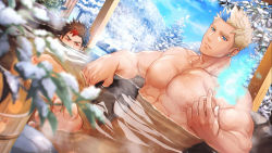 Rule 34 | 2boys, abs, bara, biceps, black hair, blonde hair, blue eyes, blue fire, blue hair, bucket, cold, ear piercing, feet, fire, gozu farm, grancy (gyee), gyee, large pectorals, crossed legs, looking at another, looking at viewer, male focus, multiple boys, muscular, muscular male, nipples, nude, official art, onsen, pectorals, piercing, red eyes, red hair, see-through, sideburns, snow, sven (gyee), thick arms, thick eyebrows, tree, water, wet, winter