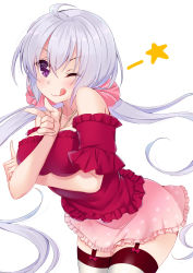 Rule 34 | 1girl, :q, adapted costume, ahoge, bare shoulders, blouse, breast hold, breasts, casual, collarbone, frills, garter straps, hair ornament, hair scrunchie, highres, ko yu, long hair, off shoulder, one eye closed, purple eyes, red shirt, scrunchie, senki zesshou symphogear, shirt, skirt, smile, solo, thighhighs, tongue, tongue out, twintails, white background, yukine chris, zettai ryouiki