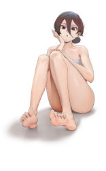 Rule 34 | 1girl, :o, absurdres, bare arms, bare legs, barefoot, bra, brown hair, collarbone, commentary, feet, full body, hair between eyes, hair bun, highres, looking at viewer, mole, mole under eye, original, panties, parted lips, red eyes, rocher-hd, shadow, simple background, single hair bun, sitting, soles, solo, striped clothes, striped panties, symbol-only commentary, teeth, toes, underwear, upper teeth only, white background, white bra
