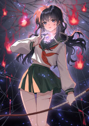Rule 34 | 1girl, absurdres, black hair, blood, blood on face, blood on leg, blue eyes, bow (weapon), crying, dress, fire, green skirt, highres, higurashi kagome, holding, holding bow (weapon), holding weapon, hu chi jiang, index fingers together, inuyasha, jewelry, long hair, midriff, necklace, sailor dress, second-party source, silk, skirt, solo, spider web, thighs, upper body, weapon
