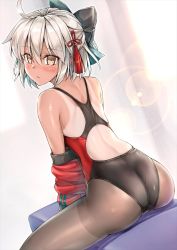 Rule 34 | 1girl, ahoge, black bow, black one-piece swimsuit, bow, brown eyes, chair, commentary request, competition swimsuit, cowboy shot, dark-skinned female, dark skin, fate/grand order, fate (series), from behind, hair bow, hair ornament, jacket, koha-ace, koyuki (kotatsu358), lens flare, long hair, looking at viewer, okita souji (fate), okita souji alter (fate), okita souji alter (first ascension) (fate), one-piece swimsuit, one-piece tan, pantyhose, pantyhose under swimsuit, red jacket, red ribbon, ribbon, sitting, solo, swimsuit, tan, tanline, thighband pantyhose, white hair