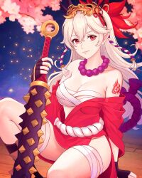 Rule 34 | 1girl, absurdres, alternate costume, bead necklace, beads, black gloves, breasts, cherry blossoms, chest sarashi, club (weapon), corrin (female) (fire emblem), corrin (fire emblem), fingerless gloves, fire emblem, fire emblem fates, fire emblem heroes, gloves, grey hair, highres, japanese clothes, jewelry, long hair, looking at viewer, mask, mask on head, medium breasts, necklace, nintendo, pointy ears, red eyes, sarashi, shoulder tattoo, sitting, smile, solo, tattoo, truejekart, weapon