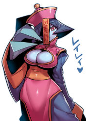 Rule 34 | 1girl, blue skin, blush stickers, breasts, capcom, character name, chinese clothes, cleavage, cleavage cutout, clothing cutout, colored skin, flipped hair, hat, highres, jiangshi, large breasts, lei lei, looking at viewer, ofuda, purple hair, qingdai guanmao, red eyes, simple background, solo, tukiwani, vampire (game), white background, wide sleeves