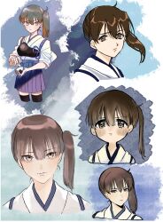 Rule 34 | 1girl, aupt31, black thighhighs, blue hakama, blush, brown eyes, brown hair, closed mouth, commentary request, food, hair between eyes, hakama, hakama skirt, highres, holding, holding food, japanese clothes, kaga (kancolle), kantai collection, multiple views, muneate, onigiri, ponytail, side ponytail, simple background, skirt, tasuki, thighhighs
