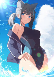Rule 34 | 1girl, animal ear fluff, animal ears, black jacket, black one-piece swimsuit, blue archive, blue eyes, blue sky, blush, breasts, cloud, commentary request, competition swimsuit, covered navel, cross hair ornament, cumulonimbus cloud, day, earrings, extra ears, from below, grey hair, hair ornament, halo, highleg, highleg swimsuit, jacket, jewelry, lens flare, looking at viewer, low ponytail, medium breasts, medium hair, mismatched pupils, multicolored clothes, multicolored swimsuit, official alternate costume, one-piece swimsuit, outdoors, partial commentary, rin ateria, shiroko (blue archive), shiroko (swimsuit) (blue archive), sideboob, sky, solo, splashing, swimsuit, thighs, water, wolf ears