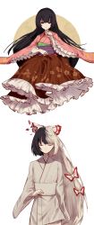 Rule 34 | 2girls, :|, absurdres, alternate costume, black hair, black skirt, blue ribbon, blunt bangs, bow, brown skirt, closed eyes, closed mouth, commentary request, dual persona, expressionless, fire, floral print, frilled skirt, frills, fujiwara no mokou, fujiwara no mokou (young), green ribbon, grey bow, grey hair, grey kimono, half-closed eyes, hand up, highres, hime cut, holding, holding string, houraisan kaguya, japanese clothes, kimono, long hair, long skirt, long sleeves, looking at viewer, multicolored hair, multiple girls, obi, pink kimono, purple ribbon, red bow, red eyes, red ribbon, ribbon, sash, short hair, short kimono, sidelocks, simple background, skirt, somei ooo, standing, string, torn bow, touhou, two-tone bow, two-tone hair, very long hair, white background, white bow, white kimono, wide sleeves, yellow ribbon