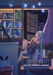 Rule 34 | 1girl, bare shoulders, black socks, blue eyes, blue hair, book, building, chair, commentary request, globe, gradient hair, grey shirt, hatsune miku, highres, holding, holding stylus, indoors, katana, keyboard, knee up, leaning back, light bulb, long hair, mobu (wddtfy61), monitor, multicolored hair, night, night sky, no shoes, off-shoulder shirt, off shoulder, office chair, open window, pink hair, plant, potted plant, purple hair, ribbed legwear, sheath, sheathed, shirt, short sleeves, sitting, sky, skyscraper, socks, solo, star (sky), starry sky, string of light bulbs, stylus, swivel chair, sword, twintails, very long hair, vocaloid, weapon, window
