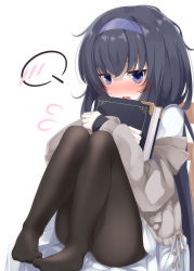 Rule 34 | 1girl, black hair, black pantyhose, blue archive, blue eyes, blush, book, hugging book, chair, flying sweatdrops, full body, hairband, highres, holding, holding book, long hair, looking at viewer, no nose, no shoes, nose blush, hugging object, open mouth, pantyhose, sch, shirt, sitting, skirt, sleeves past wrists, solo, spoken blush, ui (blue archive), white background, white shirt, white skirt
