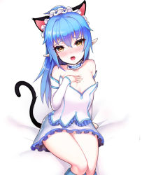 Rule 34 | 1girl, animal ears, bad id, bad pixiv id, bare shoulders, blue hair, blush, boots, breasts, brown eyes, cat ears, detached sleeves, dress, grimgrim, hand on own chest, long hair, open mouth, original, pointy ears, sitting, small breasts, solo, star-shaped pupils, star (symbol), strapless, strapless dress, symbol-shaped pupils, tail