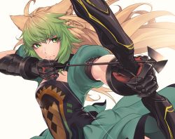 Rule 34 | 1girl, ahoge, animal ears, atalanta (fate), blonde hair, bow (weapon), cat ears, dress, fate/apocrypha, fate (series), gauntlets, green hair, highres, hikichi sakuya, long hair, multicolored hair, puffy short sleeves, puffy sleeves, short sleeves, simple background, solo, two-tone hair, upper body, weapon, white background