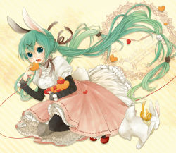 Rule 34 | 1girl, animal ears, bad id, bad pixiv id, rabbit, dress, green eyes, green hair, hatsune miku, heart, highres, long hair, matching hair/eyes, nemutagari, open mouth, pantyhose, petticoat, rabbit ears, rabbit tail, solo, squatting, string, string of fate, tail, twintails, very long hair, vocaloid