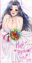 Rule 34 | 1girl, bad id, bad pixiv id, bare shoulders, black hair, blue hair, blush, bouquet, breasts, bridal veil, bride, choker, cleavage, collarbone, dress, elbow gloves, female focus, flower, gloves, gradient background, happy birthday, idolmaster, idolmaster (classic), inu (marukome), jewelry, large breasts, long hair, looking at viewer, miura azusa, open mouth, pendant, petals, red eyes, sleeveless, sleeveless dress, smile, solo, sparkle, veil, very long hair, wedding dress, white dress, white gloves