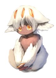 Rule 34 | 1girl, animal ears, animal hands, bad id, bad twitter id, claws, commentary request, dark-skinned female, dark skin, extra arms, faputa, fur, looking at viewer, made in abyss, manino (mofuritaionaka), monster girl, nude, orange eyes, short hair, simple background, smile, solo, v arms, white background, white hair