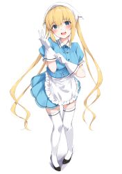 Rule 34 | 1girl, :d, absurdres, apron, black footwear, blend s, blonde hair, blue eyes, blue shirt, blue skirt, blush, buttons, commentary, eyelashes, eyes visible through hair, floating hair, frilled apron, frills, full body, glove pull, gloves, hair between eyes, happy, head scarf, head tilt, highres, hinata kaho, long hair, looking at viewer, miniskirt, open mouth, pleated skirt, puffy short sleeves, puffy sleeves, shirt, short sleeves, simple background, skirt, smile, solo, standing, teeth, thighhighs, twintails, upper teeth only, very long hair, waitress, wavy hair, white apron, white background, white gloves, white thighhighs, yanagi marie, zettai ryouiki