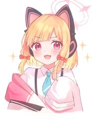 Rule 34 | 1girl, animal ear headphones, animal ears, blonde hair, blue archive, blue necktie, bow, cat ear headphones, fake animal ears, hair bow, halo, headphones, highres, jacket, looking at viewer, momoi (blue archive), muki c, necktie, open mouth, pink eyes, pink halo, red bow, shirt, short hair, simple background, sleeves past fingers, sleeves past wrists, solo, sparkle, upper body, white background, white jacket, white shirt