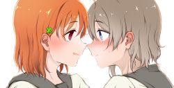 Rule 34 | 2girls, blue eyes, blush, clover hair ornament, ear blush, face-to-face, from side, grey hair, hair ornament, hairclip, looking at another, love live!, love live! sunshine!!, multiple girls, open mouth, orange hair, profile, red eyes, school uniform, short hair, sweat, takami chika, watanabe you, yopi (17418235), yuri