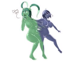 Rule 34 | absurdres, blue hair, blue skin, borrowed character, breasts, colored skin, conjoined, dulee (doodledowd), finger to mouth, fusion, green hair, green skin, highres, idolmonkeh, large breasts, merging bodies, monster girl, nipples, open mouth, slime girl, twintails