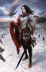 Rule 34 | 1girl, armor, belt, bird, boots, breastplate, brown hair, cape, highres, long hair, owl, pteruges, red cape, snow, solo, standing, sword, vambraces, weapon