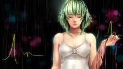 Rule 34 | 1girl, bad id, bad pixiv id, blurry, bokeh, breasts, cleavage, collarbone, depth of field, dress, eyelashes, closed eyes, green hair, gumi, highres, jun jun, lips, making-of available, nose, rain, realistic, ribbon, scribble, small breasts, solo, thick eyebrows, upper body, vocaloid, wallpaper, wet, white dress