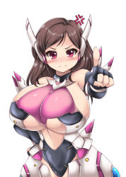 Rule 34 | &gt;:(, 1girl, alternate breast size, anger vein, angry, armor, blush, bodysuit, breasts, brown hair, curvy, elbow gloves, fingerless gloves, frown, gloves, hand on own hip, headgear, highres, huge breasts, impossible clothes, izumi rina, kurokaze no sora, looking at viewer, phantasy star, phantasy star online 2, phantasy star online 2 the animation, pink eyes, pointing, pointing at viewer, revealing clothes, solo, sweatdrop, v-shaped eyebrows
