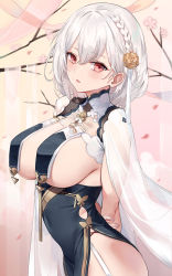Rule 34 | 1girl, arms behind back, azur lane, black dress, braid, branch, breast curtains, breasts, covered navel, cowboy shot, dress, emyo, hair ornament, highres, large breasts, looking at viewer, parted lips, pelvic curtain, red eyes, see-through, short hair, sirius (azur lane), sirius (azure horizons) (azur lane), sleeveless, sleeveless dress, solo, thighs, white hair