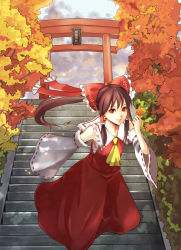 Rule 34 | 1girl, autumn, bad id, bad pixiv id, bow, brown hair, detached sleeves, female focus, hakurei reimu, halu-natsu, japanese clothes, leaf, maple leaf, miko, nature, outdoors, red eyes, sky, solo, stairs, torii, touhou