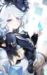 Rule 34 | 1girl, black gloves, blue eyes, blue hair, blue headwear, blue jacket, brooch, commentary request, cupping glass, furina (genshin impact), genshin impact, gloves, grin, hair between eyes, highres, jacket, jewelry, looking at viewer, ribiadan, smile, solo, thigh strap