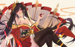 Rule 34 | 1girl, absurdly long hair, akaku 99, azur lane, black hair, black sash, black thighhighs, breasts, cleavage, crossed legs, cup, drinking glass, feet out of frame, from side, highres, holding, holding cup, huge breasts, japanese clothes, kimono, long hair, long sleeves, looking at viewer, looking to the side, mask, mask on head, red eyes, red kimono, sash, sitting, taihou (azur lane), thighhighs, very long hair, wide sleeves, wine glass, zettai ryouiki