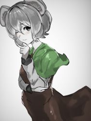 Rule 34 | 1girl, animal ears, blush, brown dress, capelet, closed mouth, commentary, cookie (touhou), cowboy shot, dress, finger to own chin, green capelet, grey eyes, grey hair, highres, johnnyyyyy, long sleeves, looking at viewer, mouse ears, nazrin, nyon (cookie), one eye closed, shirt, short hair, simple background, solo, touhou, white background, white shirt