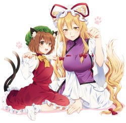 Rule 34 | 2girls, animal ears, animal hands, blonde hair, blush, bow, bowtie, breasts, brown eyes, brown hair, cat ears, cat tail, chen, commentary request, dress, duplicate, earrings, eyes visible through hair, fang, fingernails, frills, green headwear, hair between eyes, hair bow, hand up, hands up, hat, hat bow, jewelry, juliet sleeves, kirisita, large breasts, long fingernails, long hair, long sleeves, looking at viewer, medium breasts, mob cap, multiple girls, multiple tails, nekomata, no shoes, open mouth, pixel-perfect duplicate, puffy long sleeves, puffy sleeves, purple vest, red bow, red dress, seiza, shirt, short hair, sidelocks, simple background, single earring, sitting, smile, socks, tabard, tail, tongue, touhou, two tails, vest, white background, white dress, white headwear, white legwear, white shirt, wide sleeves, yakumo yukari, yellow bow, yellow bowtie, yellow eyes