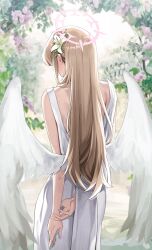 Rule 34 | 1girl, absurdres, angel wings, arms behind back, blue archive, dress, feathered wings, flower, from behind, hair flower, hair ornament, halo, highres, light brown hair, long hair, nagisa (blue archive), ori (0rizuru), pink flower, pink halo, revision, solo, white dress, white flower, white wings, wings