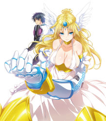 Rule 34 | 1boy, 1girl, bare shoulders, blonde hair, blue eyes, breasts, character request, choker, circlet, cleavage, clenched teeth, closed mouth, collarbone, cover, cover page, cowboy shot, dress, earrings, foreshortening, head wings, highres, hisasi, jewelry, large breasts, long hair, looking at another, looking at viewer, masou gakuen hxh, mechanical arms, novel cover, novel illustration, official art, short hair, single mechanical arm, teeth, white dress, wings