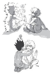 Rule 34 | 2boys, :3, bubble, blowing bubbles, cheek pull, gon freecss, greyscale, head rest, hunter x hunter, indian style, killua zoldyck, male focus, monochrome, multiple boys, o o, seiza, shoes, shorts, shougin, signature, sitting, sneakers, squiggle, surprised, tank top